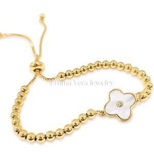 Gold Mother of Pearl White Beaded Slider Bracelet, Anniversary Gift, Trending